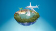 Flugzeug fliegt über Erdhalbkugel mit Ozean, Boot und Urlaubsinsel - 3D-Illustration