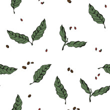 Illustrated Etching Style Pattern Matrix With Coffee Leaves, And Beans