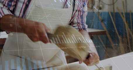 Poster - Animation of data processing over caucasian male carpenter working in workshop