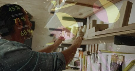 Poster - Animation of data processing over caucasian male carpenter working in workshop