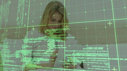 Poster - Animation of data processing over smiling caucasian woman standing