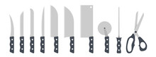 Set Of Kitchen Knives Clipart Vector Illustration. Knife With Plastic Handle Flat Design. Peel, Vegetable, Fillet, Santoku, Cleaver, Pizza Cutter, Knife Sharpener, Scissors. Kitchen Concept Icon Logo