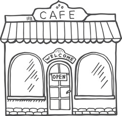 Sticker - Cafe exterior sketch. Hand drawn building facade