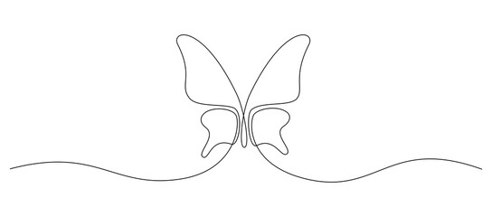 Poster - One continuous line drawing of flying Butterfly. Beautiful moth for wellbeing beauty or spa salon logo and divider concept in simple linear style. Editable stroke. Doodle vector illustration.