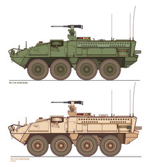 Vector illustration of Stryker M1126 military armored vehicle isolated on white background. 
Military green and desert color version