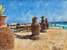 Vintage Clay Vase Pots With Palm Trees On A Yellow Sand Beach On A Clear Day With A Hut In The Background. Watercolor Art.