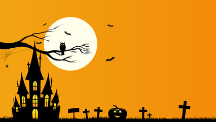 Wall Mural - Happy Halloween template and background with copyspace, Design with the Castle, Owl holding on tree branch, bat, web spider and full moon on Orange color Background, Vector illustration