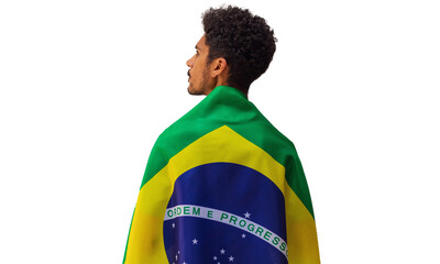 September seven, Brazil Independence Day. Black man holds Brazilian flag isolated.