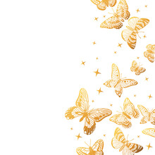 Cartoon Gold Butterflies Pattern, Gorgeous Butterfly Background. Flying Golden Butterfly Flock, Gorgeous Exotic Moths Flat Vector Background Illustration. Butterflies Backdrop