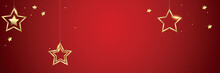 Hanging Gold Stars On A Red Background - Christmas And Happy New Year Design Banner