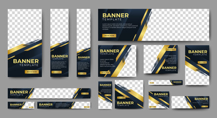 Web banner template design set layout with photo and text space. black and gold. Business advertising set design template. Vertical, horizontal, square banners standard size.