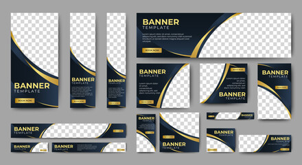 Wall Mural - web banner template design set layout with photo and text space. black and gold. business advertisin