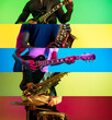 © master1305 - Collage with cropped portraits of young emotional talented musicians on multicolored background in neon light. Playing guitar, drums, singing
