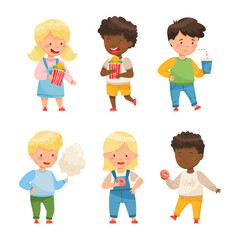 Poster - Cute Kids Standing and Holding Sweets and Sugary Treats Vector Set