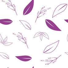 Purple Pattern Of Leaves And Plants. Seamless Background, Vector Pattern Design.