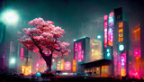Fototapeta  - Fantasy Japanese night view city citycape, neon pink light, residential buildings, big sakura tree. Night urban anime fantasy setting downtown background. 3D illustration