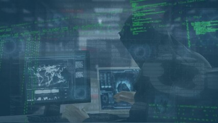 Wall Mural - Animation of data processing over hacker with laptop