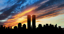 New York Skyline Silhouette With Twin Towers At Sunset. 09.11.2001 American Patriot Day Banner.