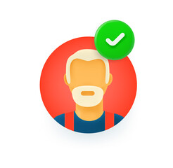 Poster - Old man circle icon with checkmark. 3d vector icon
