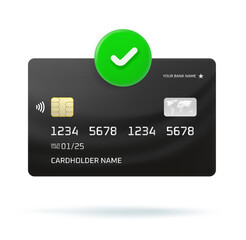 Poster - Black banking card icon with checkmark. 3d vector icon