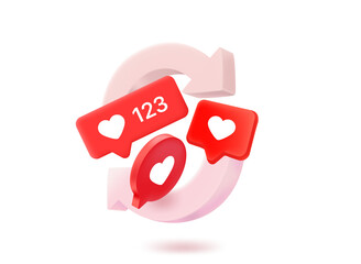 Poster - Refreshing social media concept with chat balloons with hearts. 3d vector illustration

