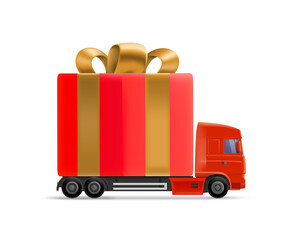 Poster - Truck with gift box. Holiday delivery concept. 3d vector illustration
