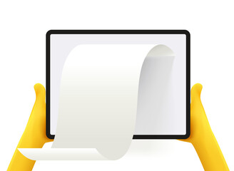 Poster - Man holding tablet computer with paper report. 