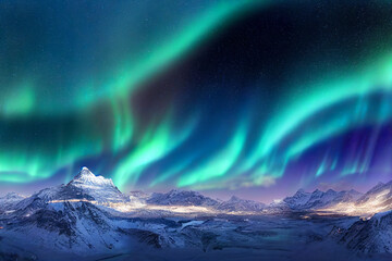 Wall Mural - aurora borealis over north sea and arctic snowy mountains, starry night, beautiful calm nature background, 3d render, 3d illustration