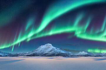 Wall Mural - aurora borealis over north sea and arctic snowy mountains, starry night, beautiful calm nature background, 3d render, 3d illustration