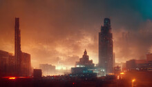 Night Neon City, Smoke, Smog, Night Neon Lights. City Evening Landscape. 3D Illustration.