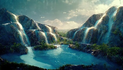 Poster - Raster illustration of beautiful landscape over the mountains from a birds eye view. Crystal clear lakes, Waterfall flows from the rocks, vacancy on the islands Nature concept. 3D artwork