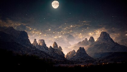 Poster - Raster illustration of spooky empty rock in dark scary desert under moonshine. Northern lights, stars, clear sky. Autumn night. Sandy wilderness. Fear concept. 3D artwork rendering
