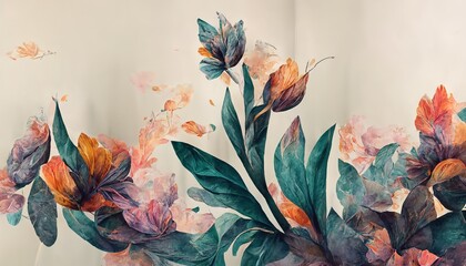 Wall Mural - raster illustration of spring time white flower daisy with leaves, small butterfly flowers. watercol