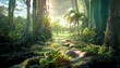 Raster illustration of beautiful cartoon impenetrable jungle. Tropical plants, exotic palms, trees, bushes, wilds, wild life, safari, tropics, equator. Beauty of nature concept. 3D rendering