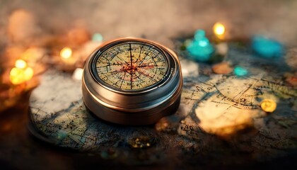 Raster illustration of magic compass. Mariners compasswith ancient spells and incantations. A book with a beautiful magical sowing around, mysticism, witches, sorcerers. 3D rendering background