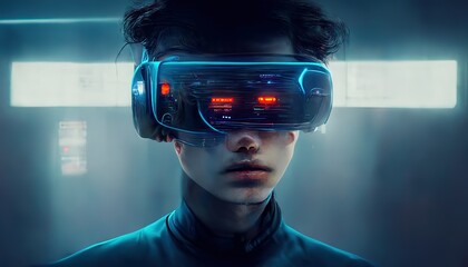 Wall Mural - Raster illustration of boy wearing VR glasses. Cyberpunk, science fiction, futuristic technology, modern vision, metaverse future, cyberspace, control sensors. Virtual reality concept. 3D rendering