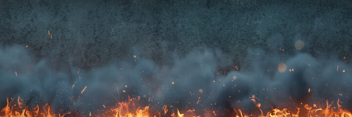 Wall Mural - 3d rendering of grunge wall with uprising smoke and blazing fire