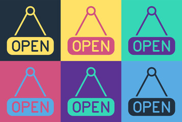 Poster - Pop art Hanging sign with text Open door icon isolated on color background. Vector