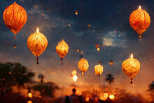 Happy Diwali Holiday Indian Festival Of Fire Lights Paper Lamp On Evening Sky