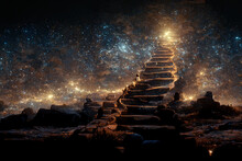 Steps Up Into Cosmos Dark And Bright Stars Illustration Painting