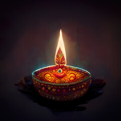 Wall Mural - Indian hindu light Diwali festival candle with fire on dark background