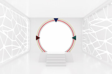 Poster - White Space Gate Portal to Another Worlds and Universe in Illuminated Empty Open Space, Corridor or Room Interior. 3d Rendering