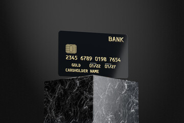 Poster - Black Plastic Golden Credit Card with Chip over Black Marble Pedestal. 3d Rendering