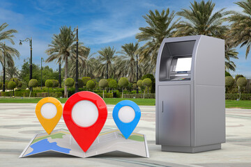 Poster - business technology concept. atm deposit machine and folded abstract navigation map with three targe