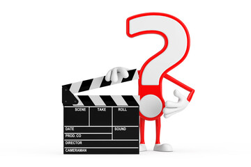 Poster - Question Mark Sign Cartoon Character Person Mascot with Movie Clapper Board. 3d Rendering