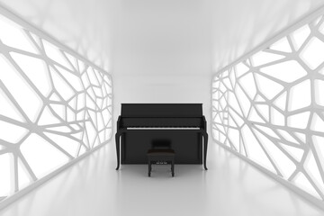 Poster - Abstract Black Piano in Illuminated White Abstract Empty Open Space, Corridor or Room Interior. 3d Rendering