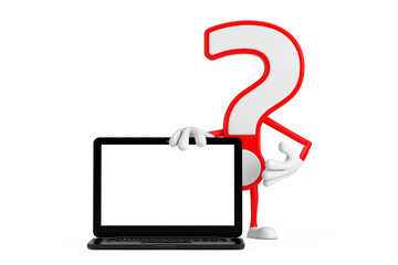 Leinwandbilder - Question Mark Sign Cartoon Character Person Mascot with Modern Laptop Computer Notebook and Blank Screen for Your Design. 3d Rendering