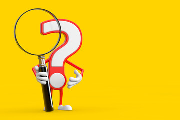 Poster - Question Mark Sign Cartoon Character Person Mascot with Magnifying Glass. 3d Rendering