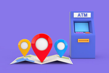 Poster - Business Technology Concept. Blue Cartoon Style ATM Deposit Machine and Folded Abstract Navigation Map with Three Target Map Pointer Pins. 3d Rendering