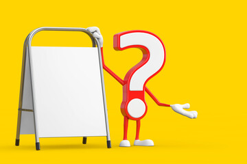 Poster - Question Mark Sign Cartoon Character Person Mascot with White Blank Advertising Promotion Stand. 3d Rendering